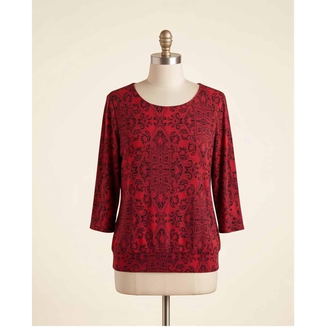 Chico's Travelers 2 Red Black Paisley Medallion 3/4 Sleeve Blouse Top Large